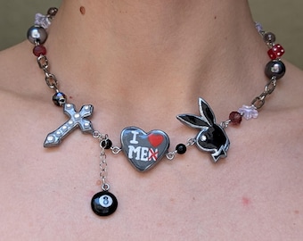 Grunge Statement Necklace – I Love Me Heart, Cross, Bunny & 8 Ball Charms – Alt Girl Handmade Jewelry - Edgy art