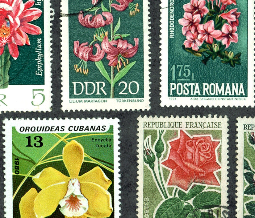 44 Flower Postage Stamps with Green Background. DIGITAL Etsy