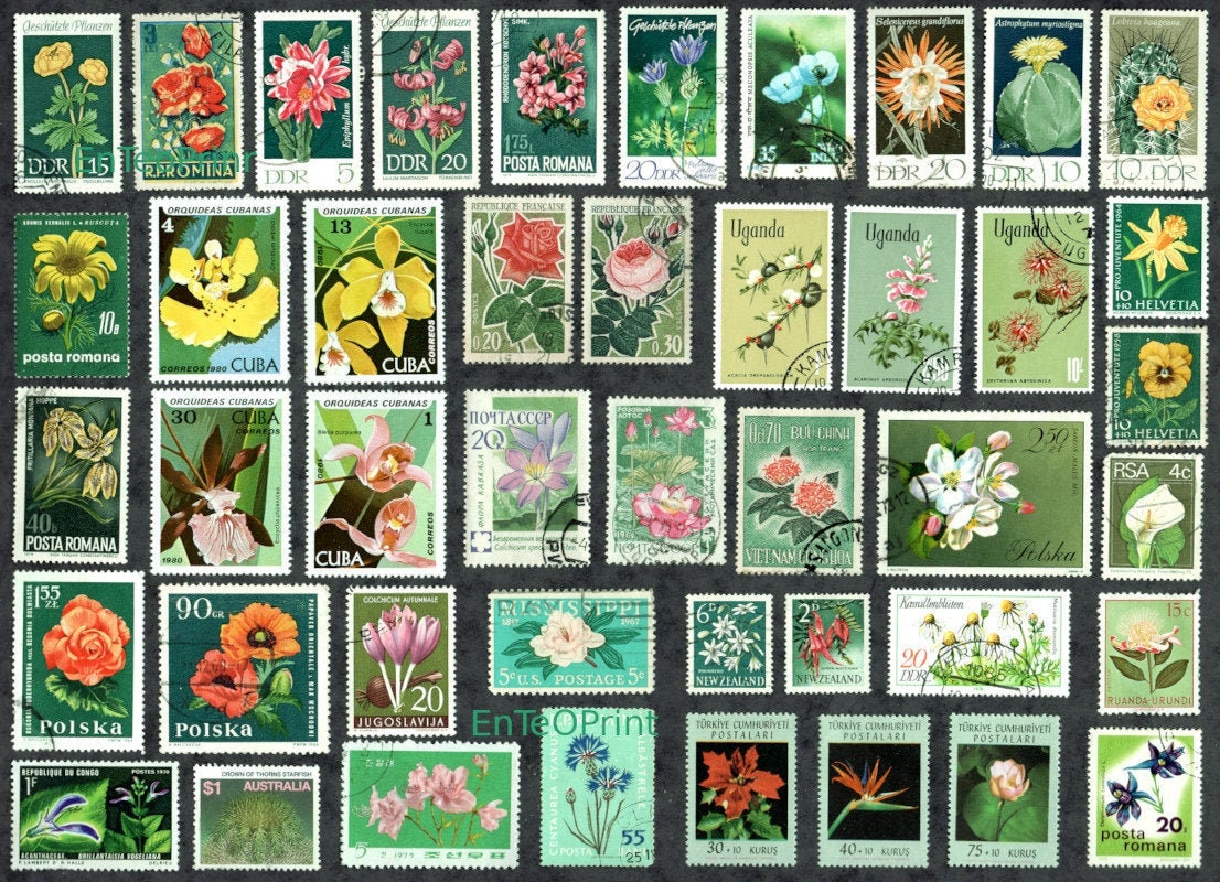 44 Flower Postage Stamps with Green Background. DIGITAL | Etsy
