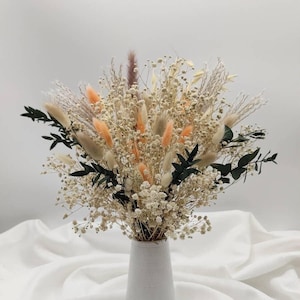 Dry flower bouquet with Lagurus, eucalyptus and Phalaris dried flowers in white and apricot tones, birthday gift idea, home décor