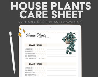 Folha de cuidados com plantas domésticas | Digitais | Imprimível | PDF A4