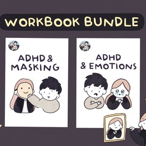 Puede incluir: Un paquete de cuadernos de trabajo con dos portadas ilustradas. La primera portada es blanca con el texto "ADHD & MASKING" y presenta dos personajes de dibujos animados. La segunda portada es blanca con el texto "ADHD & EMOTIONS" y presenta dos personajes de dibujos animados.