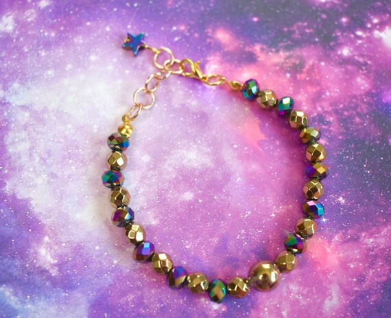 Planet and Star Galaxy Theme Purple Beaded Elastic Bracelet Space
