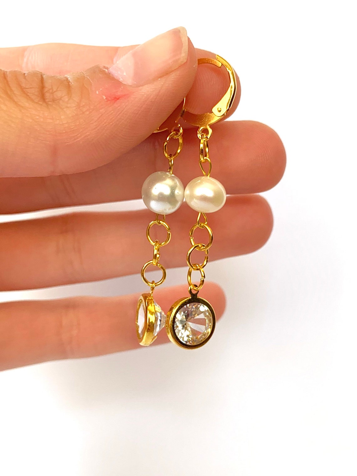 Pearl Bead Chain Cubic Zirconia Pendant Earrings Dainty Etsy