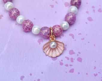 Pink and White Pearl Bead Clamshell Charm Bracelet Elastic Bracelet Mermaid Jewelry Seashell Charm Bracelet Beach Vacation Mermaid Princess