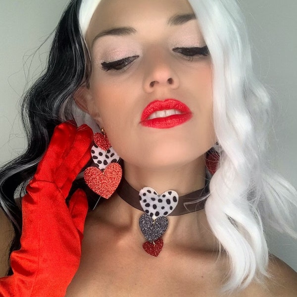 Cruella Deville Inspired Costume Earrings and Necklace Set Heart Shaped Earrings Dalmatian Print Fur  Disney Villain Jewelry