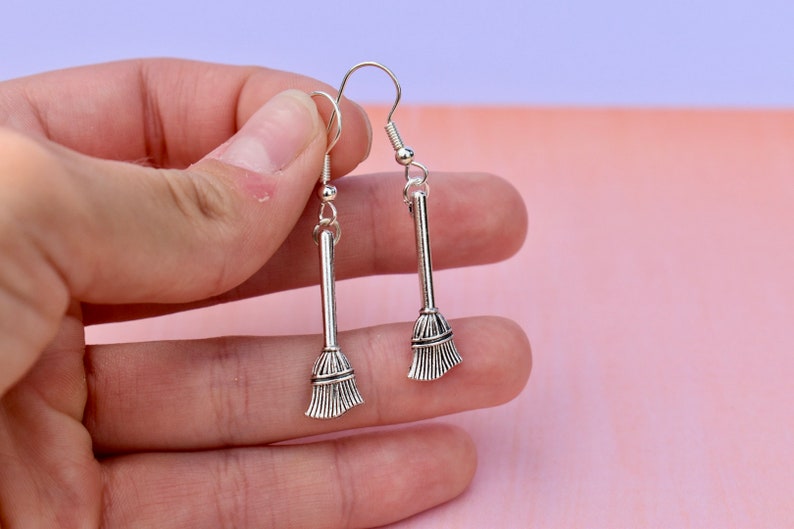 Silver Witches Broom Charm Earrings for Halloween Spooky Etsy