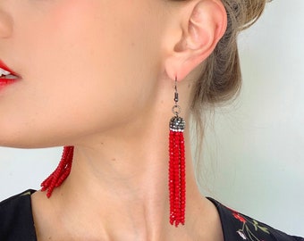Red Beaded Dangle Drop Earrings Tassel Earrings Unique Style Jewelry Maximalist Earrings Statement Jewelry Unique Gift For Mom Southwestern