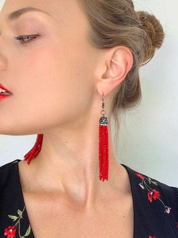 Red beaded tassel earrings outlet
