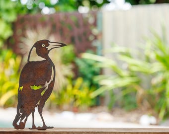 Magpie Standing Post Topper - Australian Made Rusted Metal Garden Art