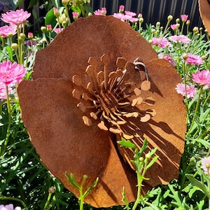 Poppy Flower Garden Stake - Australian Made Rusted Metal Garden Art