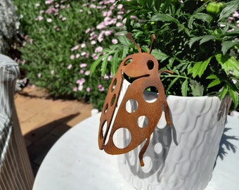Ladybird Pot Decoration - Australian Made Rusted Metal Garden Art