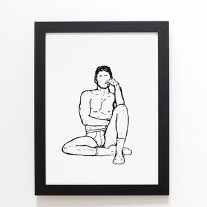 May include: A black and white line drawing of a person sitting with their legs crossed, wearing underwear and socks. The person is looking down and has their hand on their chin.