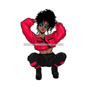 May include: Illustration of a Black woman in a red cropped jacket, black pants, and black boots, with sunglasses. Her curly hair is styled up. The image includes the text "DESIGNSBYAYMARA".