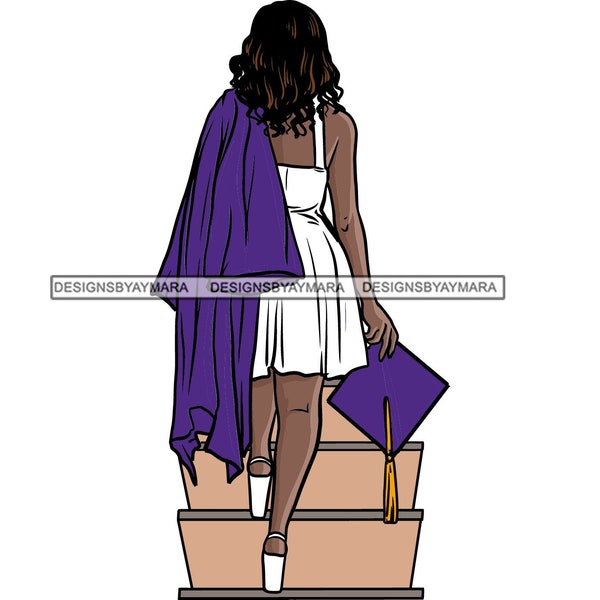 Graduate Walking Up Stairs White Dress Carrying Purple Cap And Gown Graduation SVG JPG PNG Vector Designs Clipart Cricut Silhouette Cutting