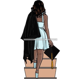 May include: A woman in a blue dress and black graduation gown walks up a set of stairs, holding a black graduation cap.