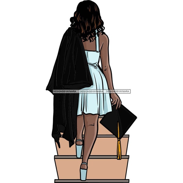 Graduate Walking Up Stairs Blue Dress Carrying Black Cap And Gown Graduation SVG JPG PNG Vector Designs Clipart Cricut Silhouette Cutting