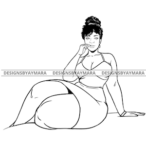 May include: Line art illustration of a woman with curly hair wearing a sleeveless dress. She is sitting with her legs crossed and her hand on her chin.