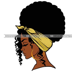 May include: Illustration of a Black woman with an afro, wearing a gold headscarf and gold hoop earrings. The woman's profile is facing left, with her eyes closed. The text "DESIGNSBYAYMARA" is printed on the image.