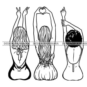 Three Sista's Ladies In Dresses Hands Up Peace And Love Friends In Bw Divas  SVG JPG PNG Vector Designs Clipart Cricut Silhouette Cutting