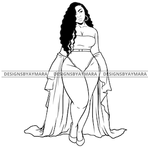 May include: Line art illustration of a woman with long, curly hair wearing a swimsuit and a long, flowing robe. The woman is standing with her legs crossed and her arms at her sides.