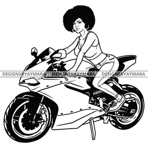 Black Woman With Afro On Motorcycle Riding In Bw Outline Melanin Natural Bike   SVG JPG PNG Vector Designs Clipart Cricut Silhouette Cutting