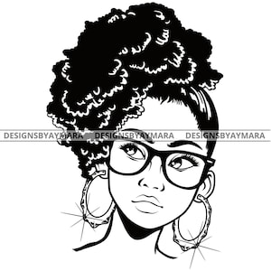 Hustler Lola Headshot Natural And Wearing Eyeglasses Big Hoop Sister Diva In Bw SVG JPG PNG Vector Designs Clipart Cricut Silhouette Cutting