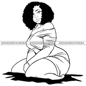 May include: Line art illustration of a woman with curly hair sitting with her legs crossed. She is wearing a dress with an off-the-shoulder neckline.