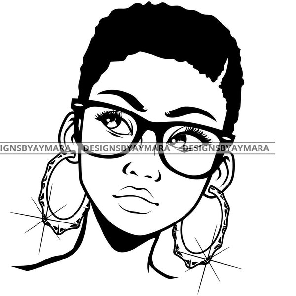 Hustler Lola With Short Afro And Wearing Eyeglasses Big Hoop Earrings Diva Bw SVG JPG PNG Vector Designs Clipart Cricut Silhouette Cutting