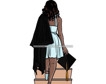 Graduado subiendo escaleras vestido azul con toga y birrete negro Graduación SVG JPG PNG Diseños vectoriales Clipart Cricut Corte de silueta