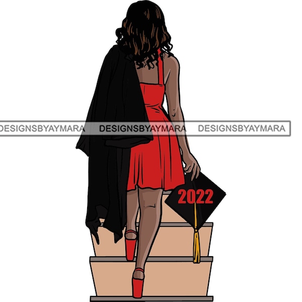 Graduate Walking Up Stairs Red Dress Carrying Black Cap And Gown Graduation SVG JPG PNG Vector Designs Clipart Cricut Silhouette Cutting