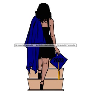Graduate Woman Walking Up Stairs Navy Blue Dress 2023 Carrying Cap Gown Graduation SVG JPG PNG Vector Clipart Cricut Silhouette Cut Files