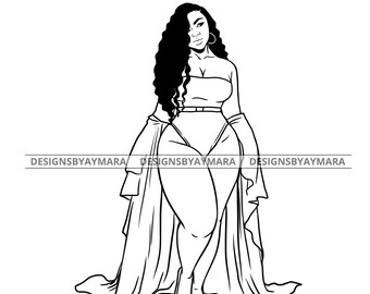 Beautiful Plus Size Black Woman Long Hair In Bw In Bathing Suit And Robe Bbw SVG JPG PNG Vector Designs Clipart Cricut Silhouette Cutting