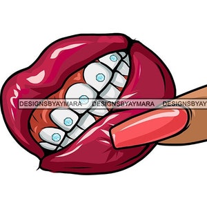 May include: A close-up of a red mouth with white teeth and blue braces. A finger with red nail polish is biting the bottom lip.