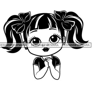 愛らしい大きな目とおさげ髪のかわいい黒人少女の髪の子供の塗り絵ページ Bw SVG JPG PNG ベクター デザイン クリップアート Cricut シルエット カッティング