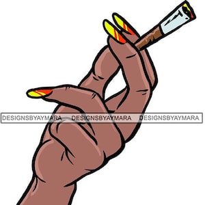 May include: A hand with yellow and orange nail polish holds a lit joint with a white filter.