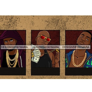 May include: Three cartoon illustrations of men wearing gold chains and sunglasses. The man on the left is wearing a purple hoodie, the man in the middle is wearing a black tank top and holding a stack of cash, and the man on the right is wearing a blue jacket.