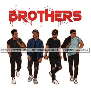 May include: Four men standing together, wearing casual clothing. The word "BROTHERS" is written in red above them with a dripping blood effect.