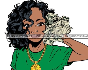 Hustler Lola Curly Hair Green Top Holding Cash Money Tossing Dollars Diva Sista SVG JPG PNG Vector Designs Clipart Cricut Silhouette Cutting
