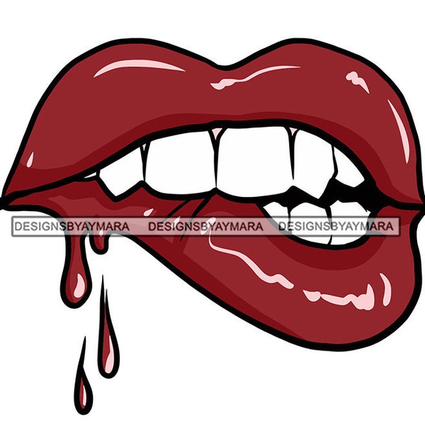 Juicy Red Dripping Lips White Teeth Biting Lip Crooked Mouth Lips  In Color SVG JPG PNG Vector Designs Clipart Cricut Silhouette Cutting