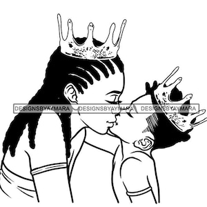 Queen And Little King Mother And Son Love Wearing Crowns Cornrows In Bw Boy SVG JPG PNG Vector Designs Clipart Cricut Silhouette Cutting