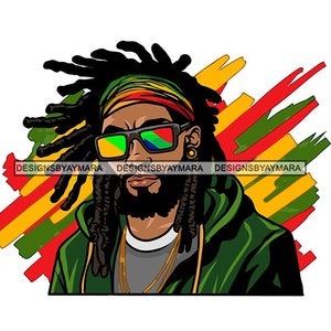 Afrikaanse Rasta Man Zonnebril Dreadlocks Kapsel Locs Kleurrijke Haarband Rasta Black Man Afro-Amerikaanse SVG PNG JPG Vector Snijden Ontwerpen