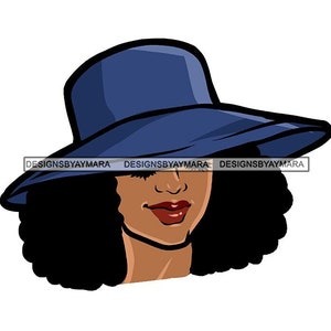 Afro Classy Woman Portrait Blue Pamela Hat Curly Hairstyle Glamour Fashionista Lady Church Outfit SVG PNG JPG Cricut Print Cutting Designs