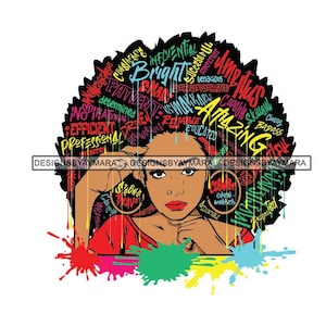 May include: A digital illustration of a Black woman with an afro. The afro is filled with colourful words describing positive attributes, such as "amazing", "brave", "strong", "smart", and "powerful". The woman is wearing large hoop earrings and a red shirt. The background is a colourful splatter paint effect.