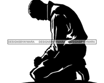 Hombre negro de rodillas con la cabeza hacia abajo y las manos agarradas juntas en BW Badass African Graphic SVG Vector Designs Clipart Cricut Silhouette Cutting