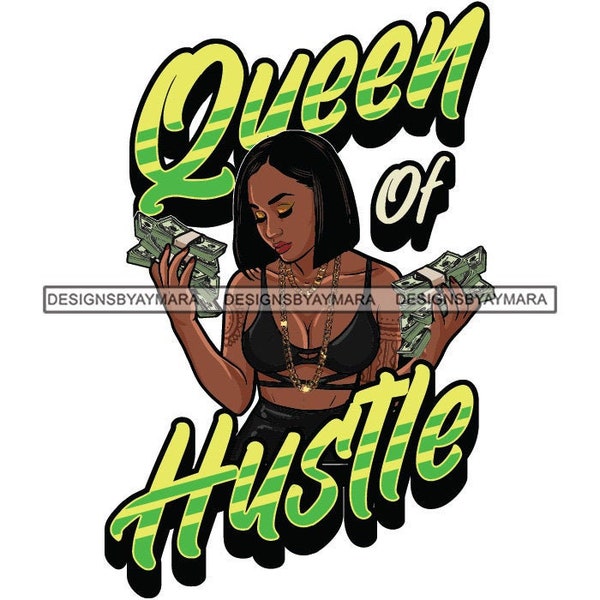 Queen of Hustle Diva Holding Handfuls Of Cash Money Dollar Bills Black Halter SVG JPG PNG Vector Designs Clipart Cricut Silhouette Cutting