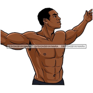 Strong Black Man Body Builder Muscles Six Pack Arms Spread Out Badass African Graphic SVG Vector Designs Clipart Cricut Silhouette Cutting