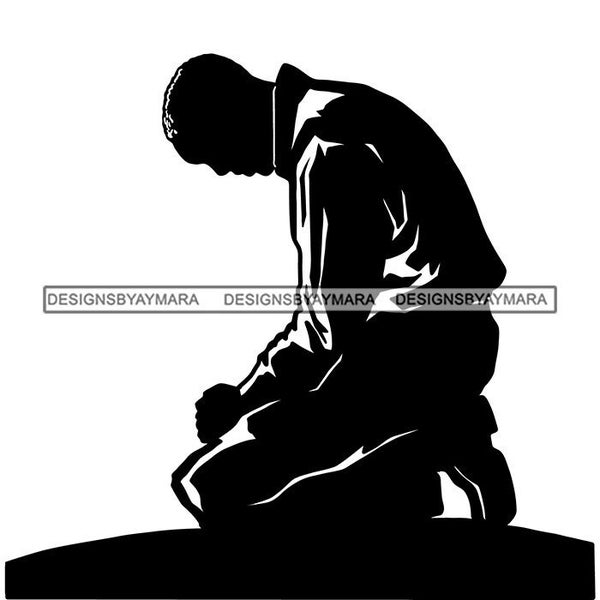 Schwarzer Mann auf den Knien Kopf nach unten Hände gefasst in BW Badass Afrikanische Grafik SVG Vektor Designs Clipart Cricut Silhouette Schneide