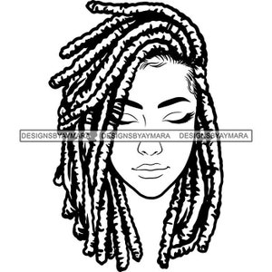 May include: Black and white line art illustration of a woman with long dreadlocks. The woman has her eyes closed and a serene expression.