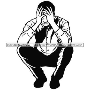 Black Man Sitting Head In His Hands Clothed Coloring BW Outline Badass African Graphic SVG Vector Designs Clipart Cricut Silhouette Cutting